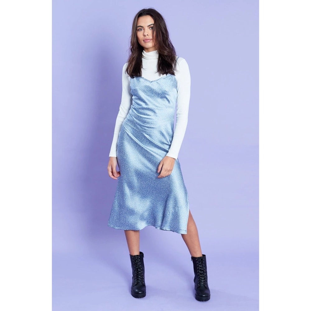 Blue satin cami slip midi dress with white stars from Violet Romance. Brand new